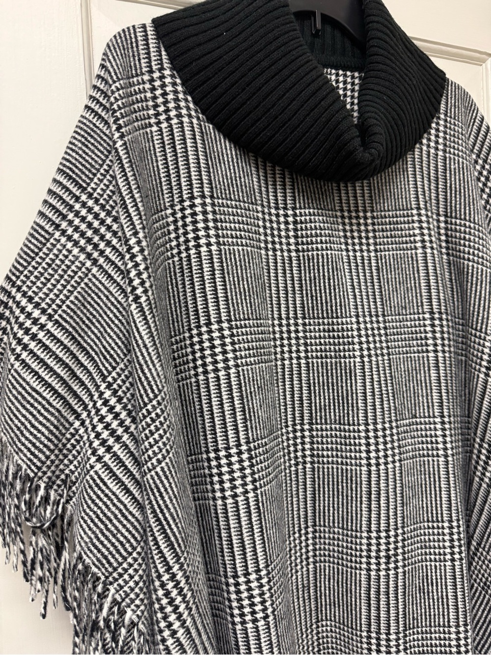 Talbots Black and White Plaid Fringe Cowl Neck Poncho